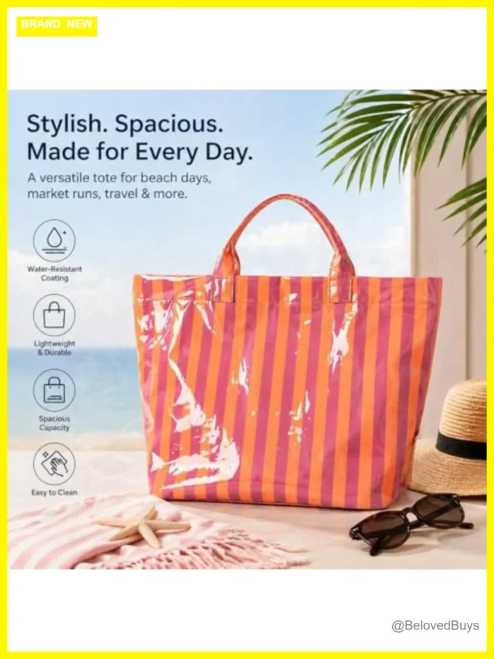 Striped PVC Tote Beach Bag Women Large Waterproof Vacation Work Duffle